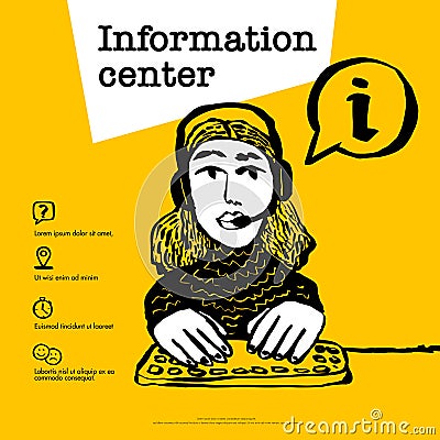 Information center concept. Call center, customer support, helpdesk or info service concept. Web banner with female Vector Illustration