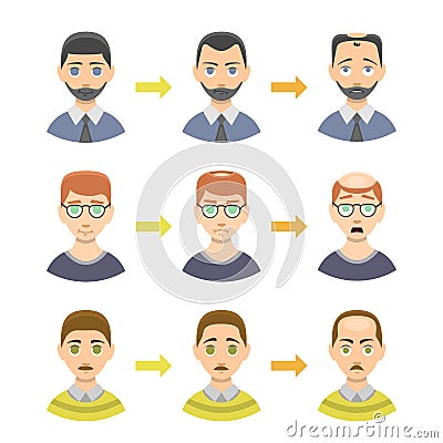 Information chart of hair loss stages types of baldness illustrated on male head vector. Vector Illustration