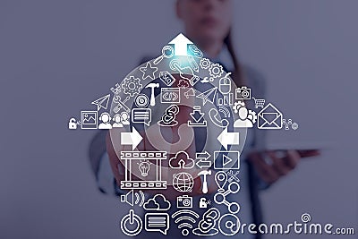 Information Computerization With Infographic Elements And Flat Icons. Latest Digital Technology, Social Media, Network Stock Photo