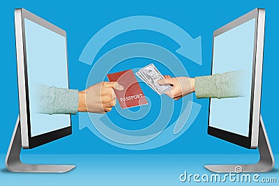 Digital concept, two hands from laptops. passport and hand with cash money. 3d illustration Cartoon Illustration