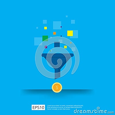 information data collection of filter concept with funnel, money, and graph object element. digital marketing analysis for Vector Illustration