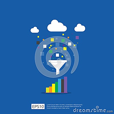 information data collection of filter concept with funnel, money, and graph object element. digital marketing analysis for Vector Illustration