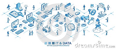 Information data technology isometric seamless pattern. Database program line 3d icon, people character, arrow. Develop Vector Illustration