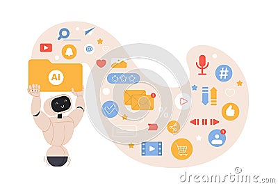 Information, digital data flow from generative artificial intelligence, robot with wave Vector Illustration