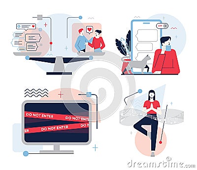 Information and digital detox set. Characters taking rest from digital Vector Illustration