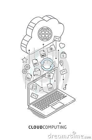 Information exchange between cloud and laptop. Vector Illustration