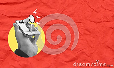 Information Exchange. Modern art collage of hands sticking out of a phone screen with a megaphone on a red background Stock Photo