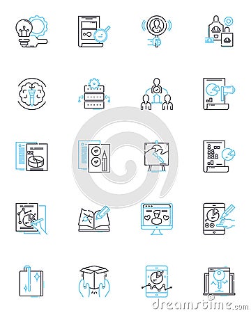 Information handling linear icons set. Retrieval, Management, Processing, Storage, Distribution, Organization, Access Vector Illustration