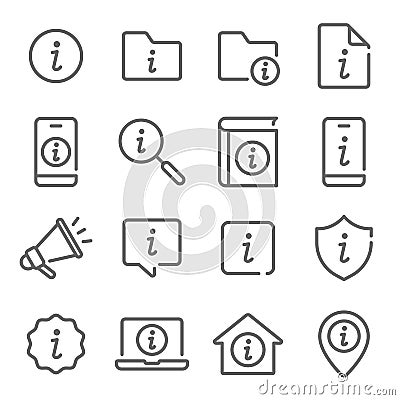 Information icon illustration vector set. Contains such icon as Info, Helpdesk, FaQ, About, Details, Mobile, Document and more. Ex Vector Illustration