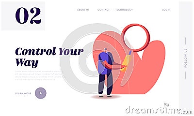 Information and Opportunity Research Landing Page Template. Man Character with Huge Magnifier Glass Vector Illustration
