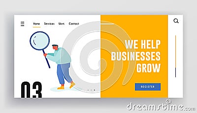 Information and Opportunity Research Website Landing Page. Business Man Character Holding Huge Magnifier Glass Vector Illustration