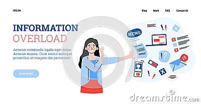 Information overload banner with stressed woman, cartoon vector illustration. Vector Illustration