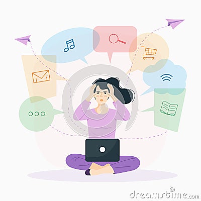 Information overload concept. Depressed young female gets too much information. Vector Illustration