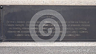 Information plaque for the Confucious stone statue in Chinatown in Richardson, Texas. Editorial Stock Photo