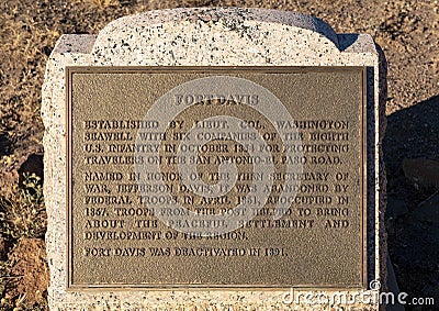 Information plaque for Fort Davis at the Fort Davis National Historic Site in Fort Davis, Texas. Editorial Stock Photo