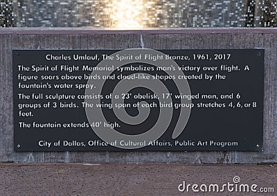 Information plaque, The Spirit of Flight Bronze, Love Field, Dallas, Texas Stock Photo