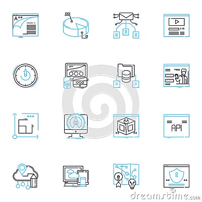 Information platform linear icons set. Data, Platform, Analytics, Insights, Intelligence, Reporting, Dashboard line Vector Illustration