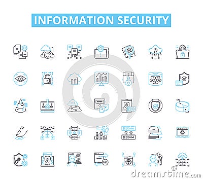 Information security linear icons set. Encryption, Firewall, Authentication, Malware, Hacking, Cybersecurity, Phishing Vector Illustration