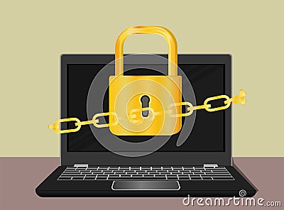 Information security lock and computer Cartoon Illustration