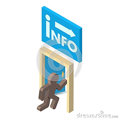 Information service icon isometric vector. Stickman enters door inscription info Stock Photo