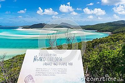 Information sign of Aboriginal history of Whitehaven island area Editorial Stock Photo