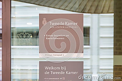 Information sign at the entrance of the Tweede Kamer, The Dutch Government House of Representatives in The Hague, The Netherlands Editorial Stock Photo