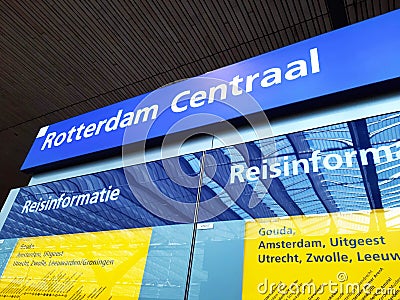 Information sign for rail transport journeys in rotterdam station Editorial Stock Photo