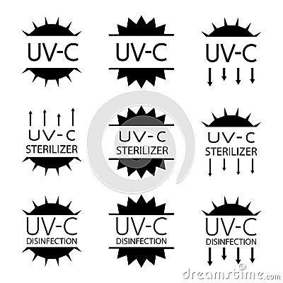 Information signs for packaging markings with UV devices inside. UV-C sterilizer and disinfection stamp symbols. Sanitation device Stock Photo