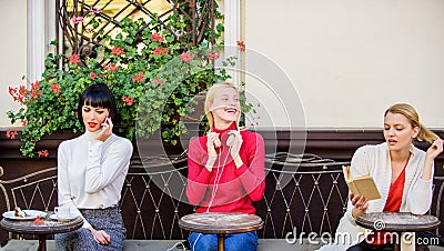 Information source. Female leisure. Weekend relax and leisure. Hobby and leisure. Different interests. Group pretty Stock Photo