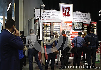 Stand with samples of building parts at the annual exhibition in Novosibirsk decor-Design-Siberia company presents Editorial Stock Photo