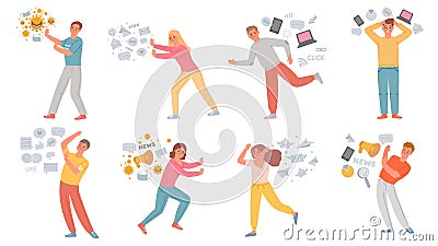 Information stress. Anxiety people running from data overload, propaganda, internet social media, fake news and pandemic panic, Vector Illustration