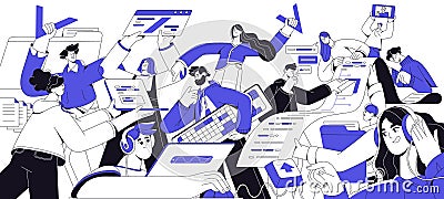 Information technologies concept. Work of software engineers, programmers, coders with program languages in agency Vector Illustration