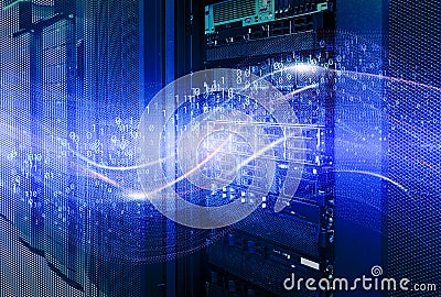 Information technology and big data concept. Futuristic Particles Wave Abstract Background - Creative Design Element on disks driv Stock Photo