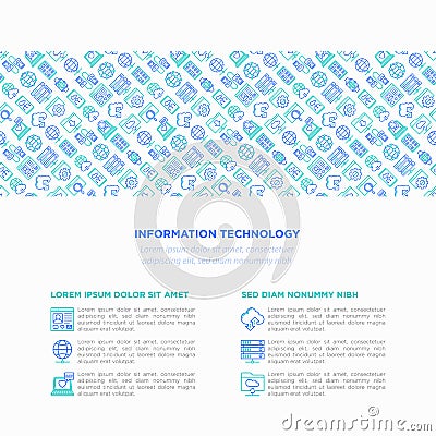 Information technology concept with thin line icons: social network, system backup, search, LAN network, connection, API, feedback Cartoon Illustration