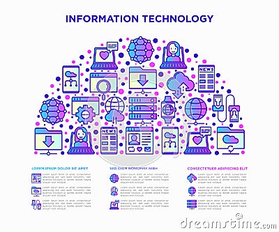 Information technology in half circle thin line icons: social network, system backup, search, LAN network, connection, API, Cartoon Illustration