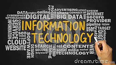 Information technology with related word cloud handwritten on bl Stock Photo