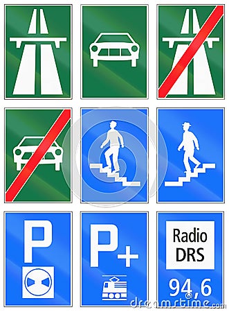 Informational road signs used in Switzerland Stock Photo