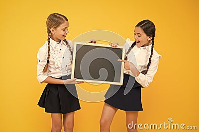 Informing changes. Classmates initiative team yellow background. Join school club. Pupils community. School schedule Stock Photo