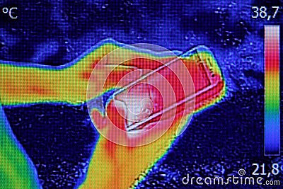 Infrared image showing the heat emission when Young girl used sm Stock Photo