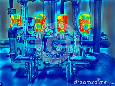 Infrared image of water pumps. Engineering Systems Diagnostics Stock Photo