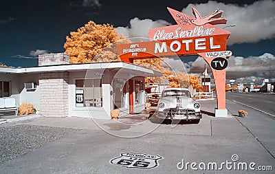 Blue Swallow Motel, Infrared. Route 66. Editorial Stock Photo