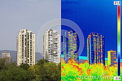 Infrared and real image showing lack of thermal insulation on Residential building Stock Photo