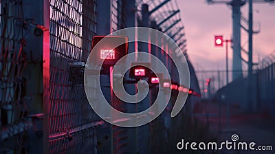 Infrared sensors and motion detectors line the perimeter of a sprawling industrial complex detecting and alerting Stock Photo