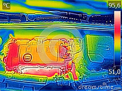 Infrared thermovision image showing Car Engine After driving Stock Photo