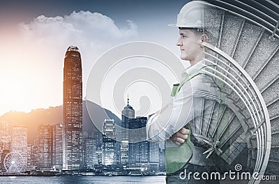 Infrastructure Construction Building and Engineering Futuristic Concept, Double Exposure of Construction Engineer With Modern Stock Photo