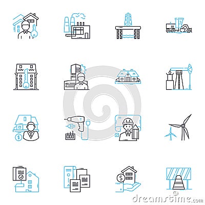 Infrastructure creation linear icons set. Development, Planning, Construction, Design, Engineering, Urbanization Vector Illustration