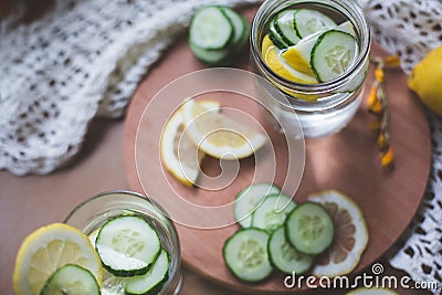 Infused lemon and cucumber water Stock Photo