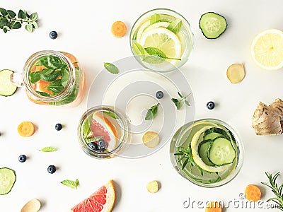 Infused waters with fruits and vegetables. Stock Photo