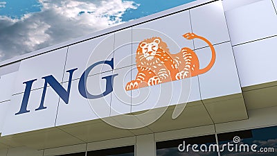 ING Group logo on the modern building facade. Editorial 3D rendering Editorial Stock Photo