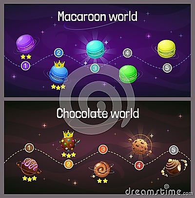 Ingame level up progress screen. Cosmic map with macaroon and candy planet. Space trip concept. Vector Illustration